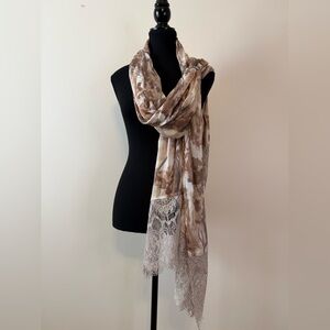 Isaac Mizrahi Printed Lace Trimmed Scarf Abstract Floral Neutral NWOT